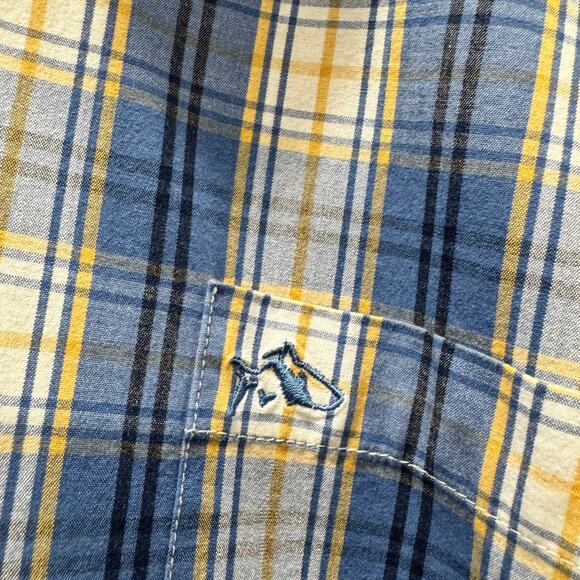 Fish Hippie Shirt Mens 2XL Blue Yellow Plaid Coastal Button Up PRIMLAND LOGO - Picture 5 of 11